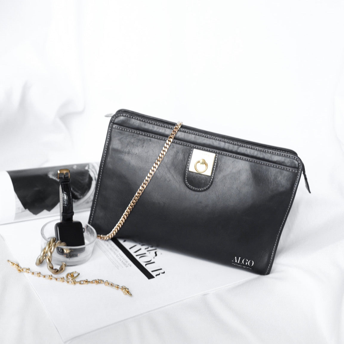 CELINE BLACK LEATHER CLUTCH 真皮黑金手拿包